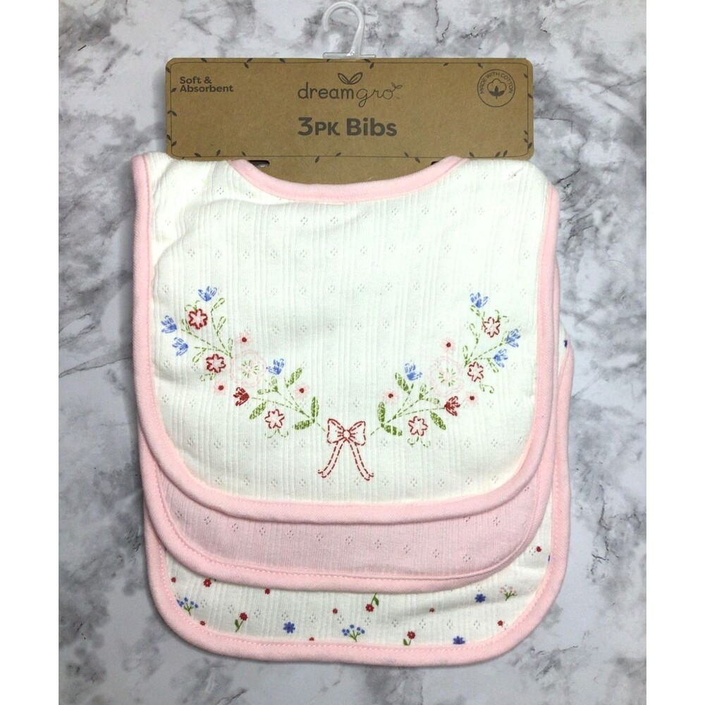 Dream Gro 3 Piece Textured  Baby Bib Set - Floral And Pink Bow